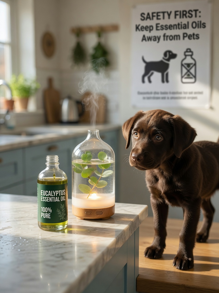 Eucalyptus essential oil bottle and diffuser on a kitchen counter with a curious puppy nearby, showing the accessibility of toxic products to dogs