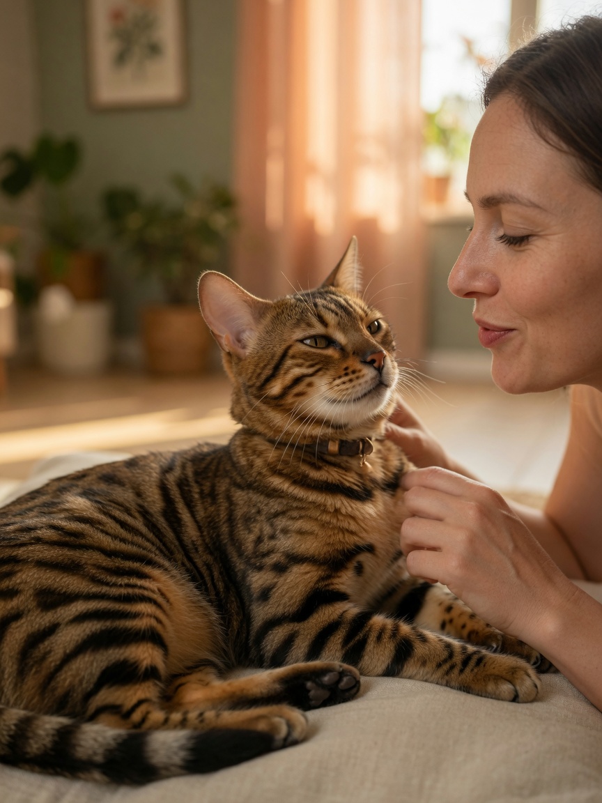 Bengal cat responding positively to owner's gentle meow with slow blink during bonding moment
