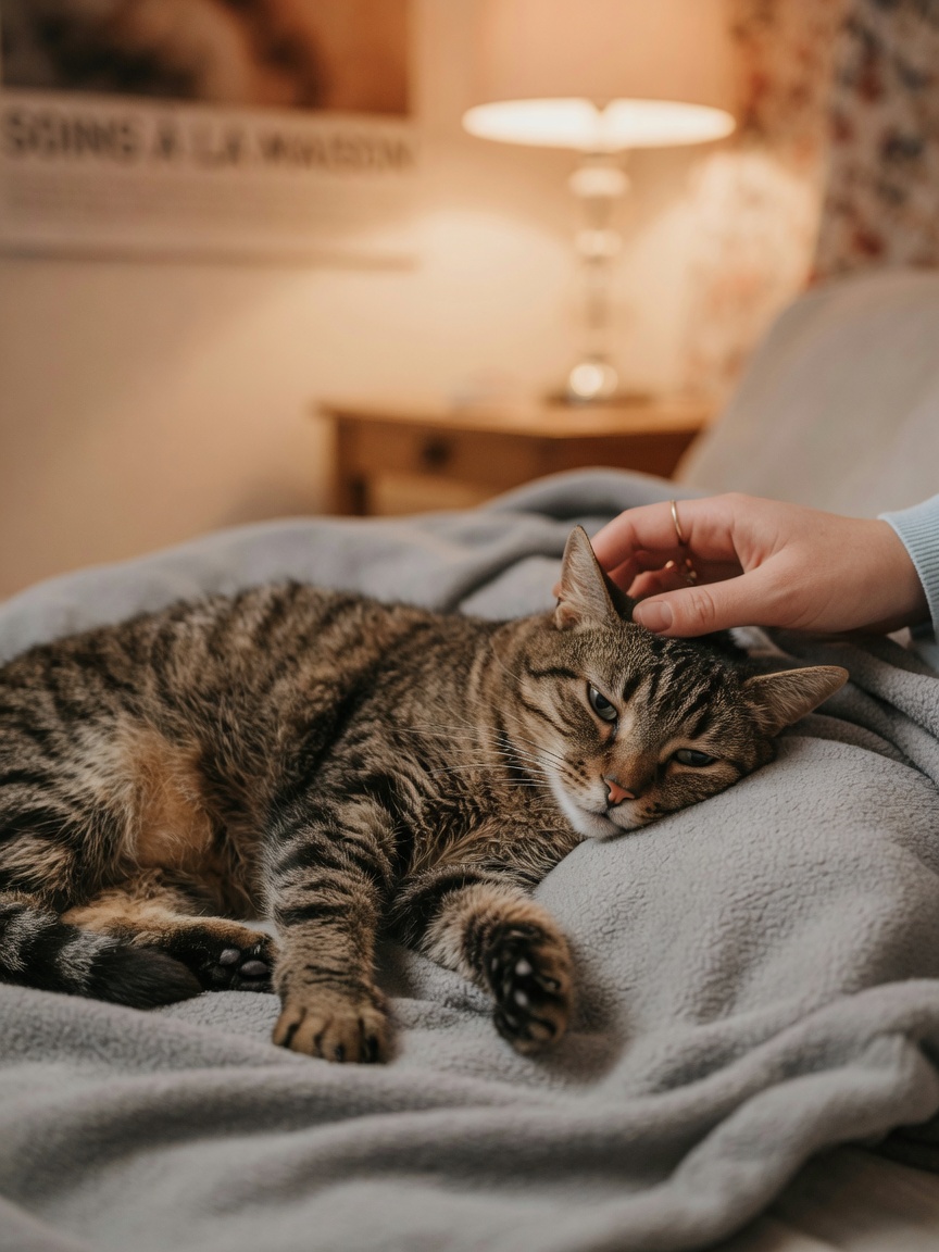 Sick tabby cat lying on soft blanket looking lethargic with owner's hand providing comfort