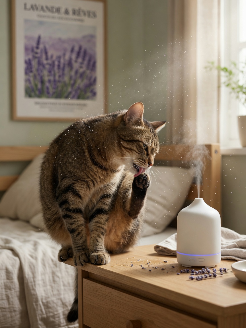 Tabby cat grooming near an active lavender diffuser with visible mist particles in warm bedroom light
