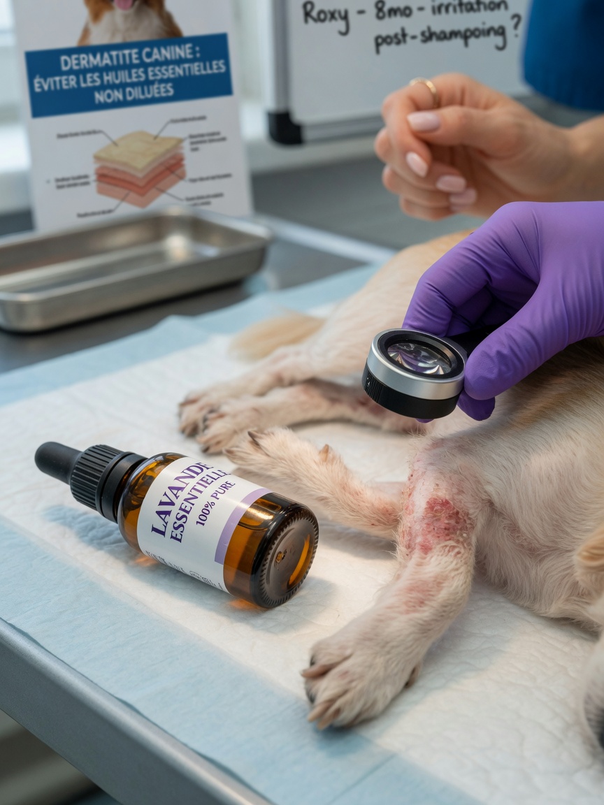Veterinaire onderzoek van de geïrriteerde huid van een hond na blootstelling aan etherische olie