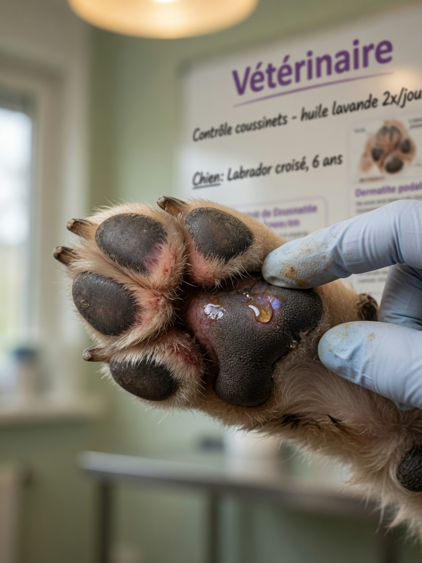 Close-up of a dog's paw showing skin irritation from essential oil contact, being examined by a veterinarian