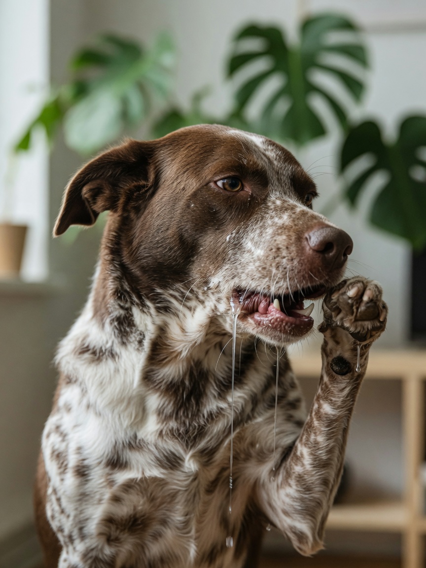Cane angosciato che mostra segni di esposizione a tossina: sbavamento eccessivo e zampe sulla bocca dal dolore, che dimostra i sintomi immediati dell'ingestione di Monstera