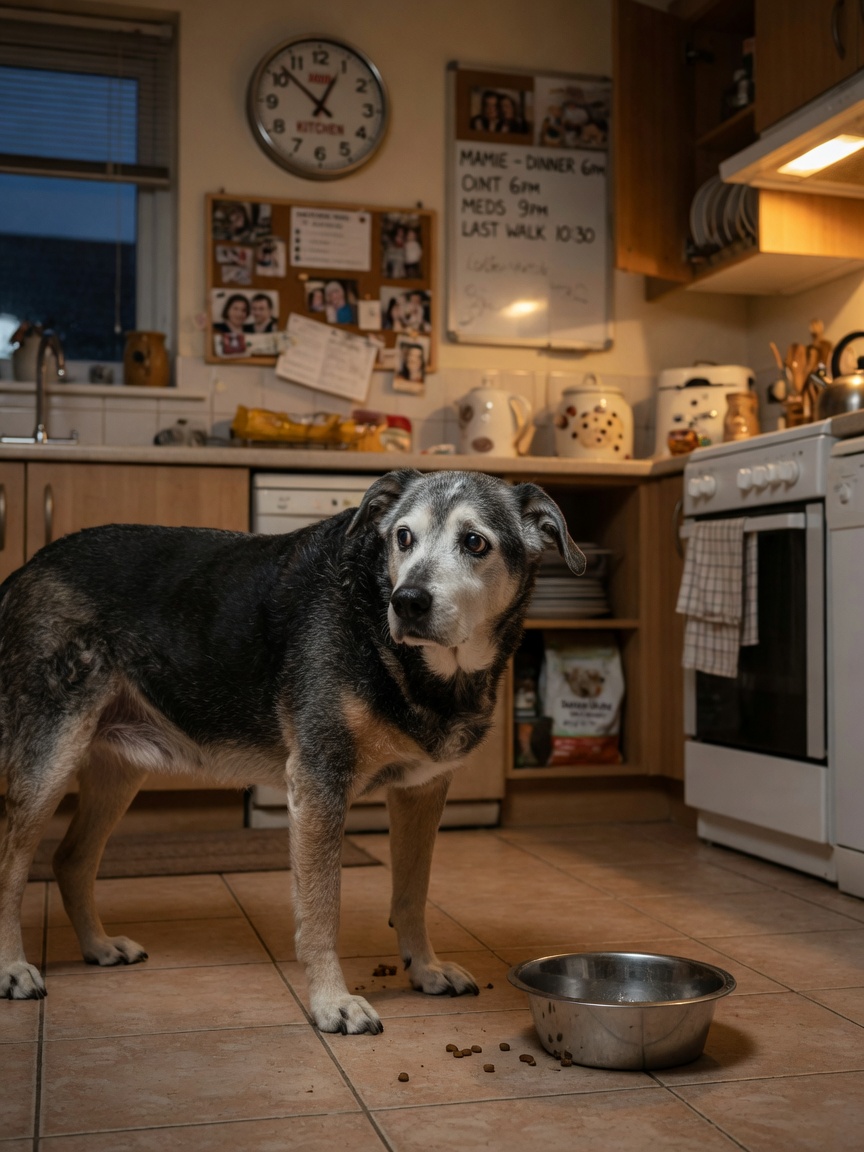 Senior dog standing confused in kitchen, gazing at food bowl, disoriented expression, nighttime lighting visible