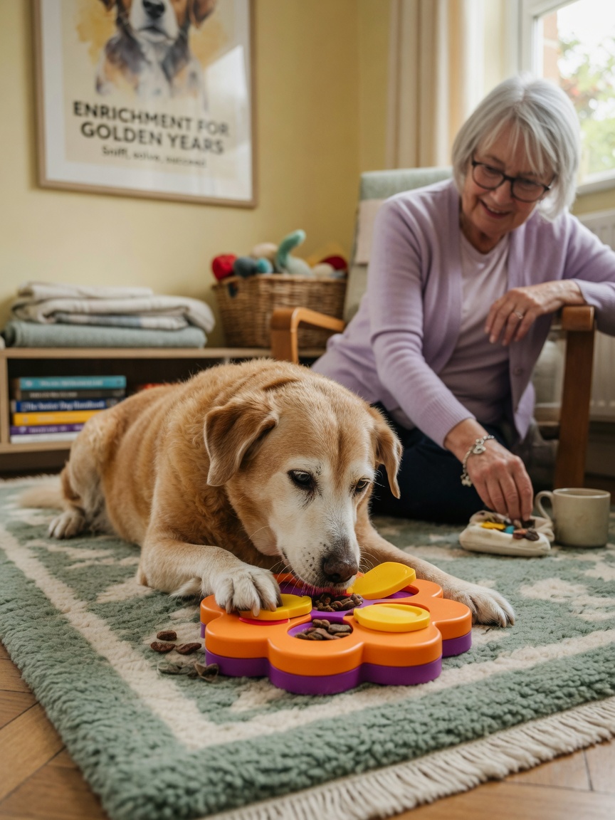 Senior dog concentrating on puzzle toy with treats, owner nearby supervising, cozy home setting with natural light