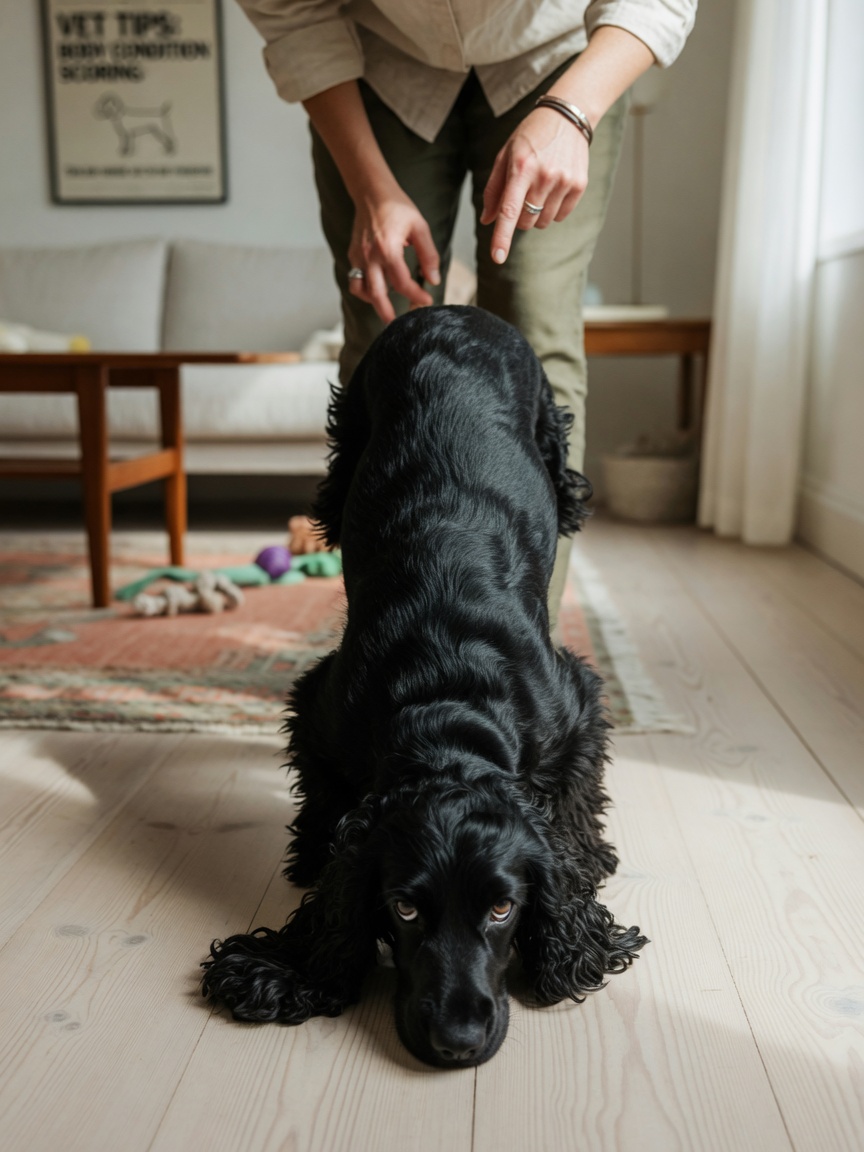Dog owner assessing waist definition of a Cocker Spaniel from overhead view for body condition scoring