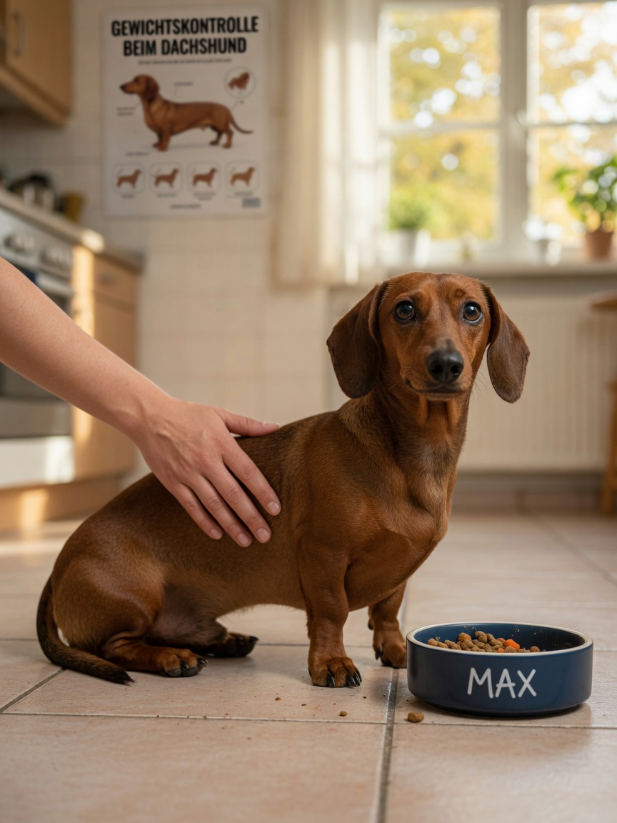 Owner assessing body condition of a food-motivated Dachshund with short legs and long body