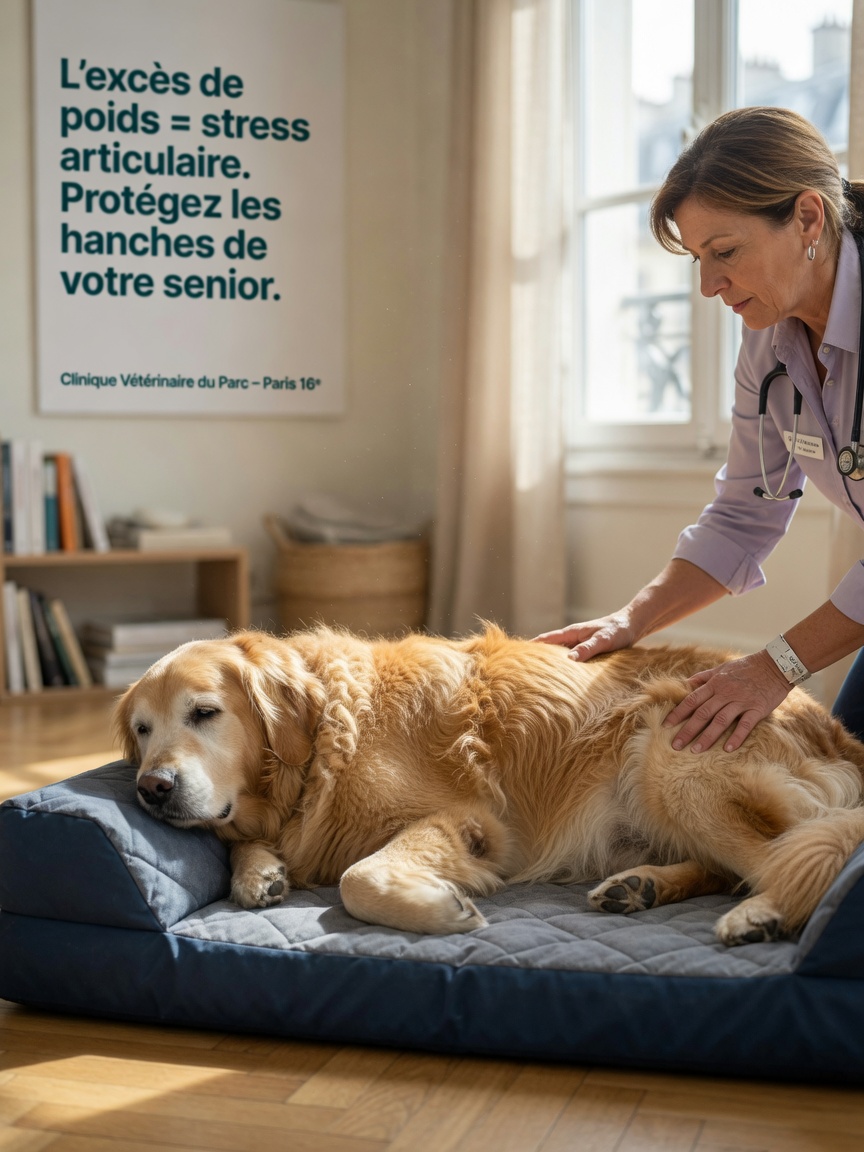 Veterinario examinando las articulaciones y caderas de un perro mayor con sobrepeso para evaluar el impacto ortopédico del exceso de peso