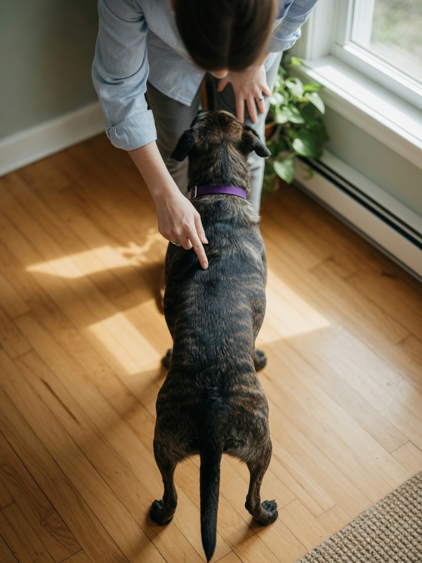 Owner performing overhead waist check on standing dog to assess body condition
