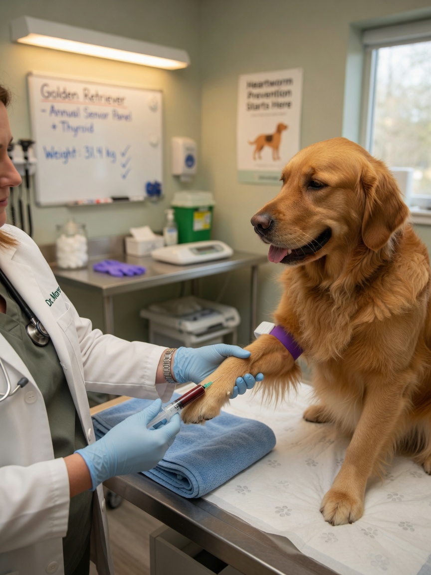 A veterinarian performing blood work on a golden retriever during diagnostic examination