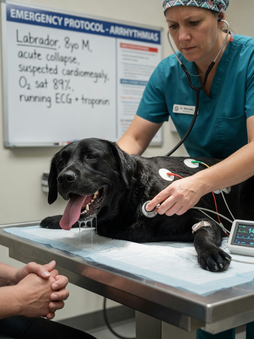 Labrador nero in difficoltà sul tavolo di esame veterinario durante valutazione cardiaca d'emergenza con veterinario che usa lo stetoscopio