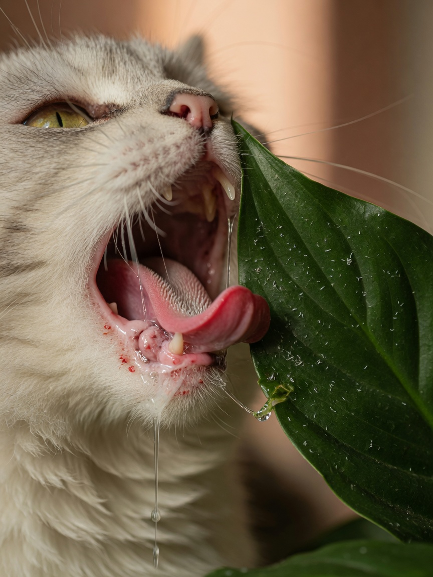 Close-up of a cat's mouth showing excessive drooling and oral irritation near a peace lily leaf