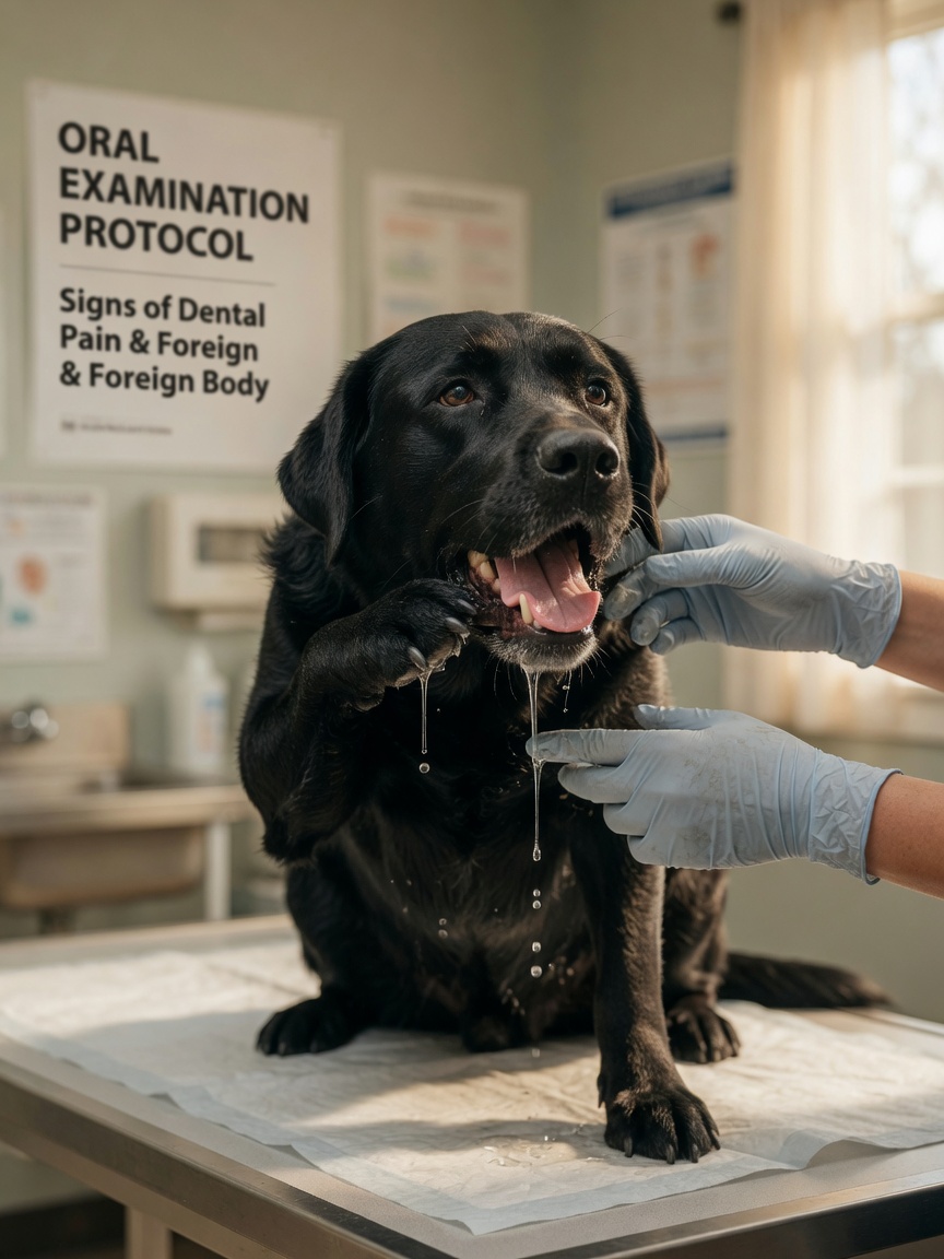 Cane in difficoltà durante l'esame veterinario che mostra salivazione eccessiva e grattamento della bocca per avvelenamento da pianta