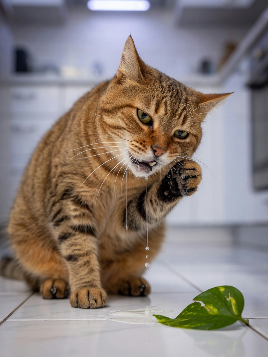Gatto tigrato che mostra sintomi di avvelenamento da pothos inclusa salivazione e strofinamento della bocca, illustrando il disagio orale dovuto all'esposizione al cristallo di ossalato di calcio