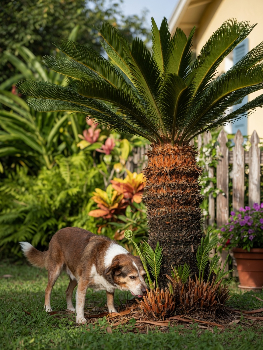 Cane di taglia media che annusa vicino alla base di una pianta di cycas matura in un cortile residenziale, luce solare pomeridiana luminosa