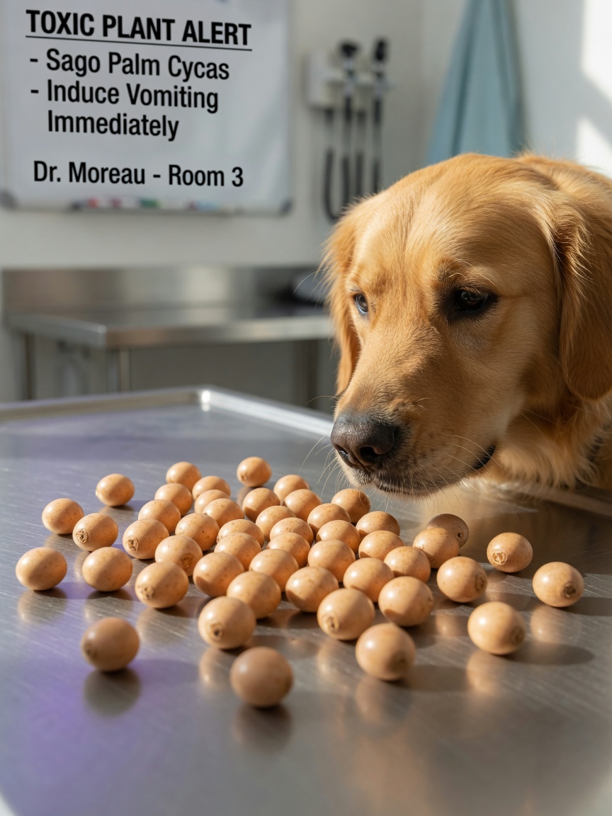 Primo piano dei semi di cycas su un tavolo veterinario con un Golden Retriever incredibilmente concentrato nelle vicinanze, naso basso, che mostra interesse predatorio per i semi