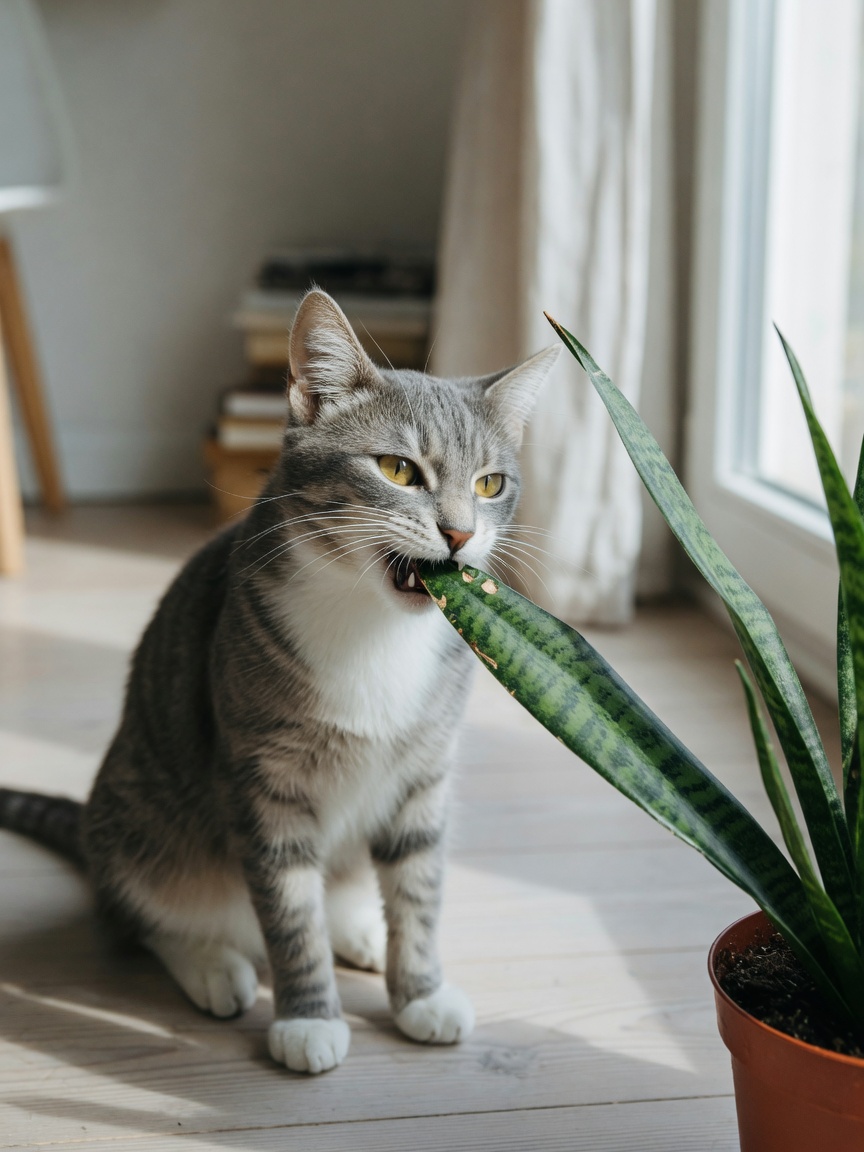Gatto grigio e bianco che mastica una foglia di pianta di serpente all'interno