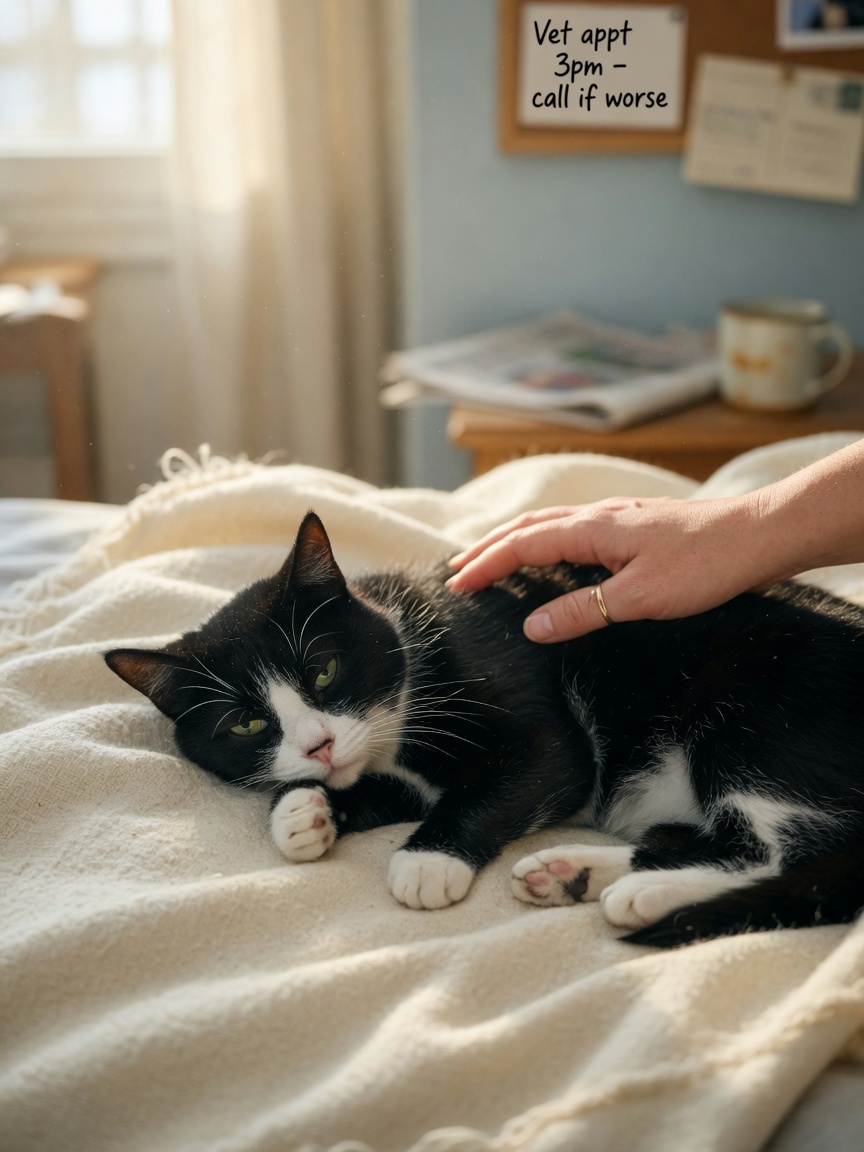 Gatto letargico che riposa su una coperta con la mano confortante del proprietario