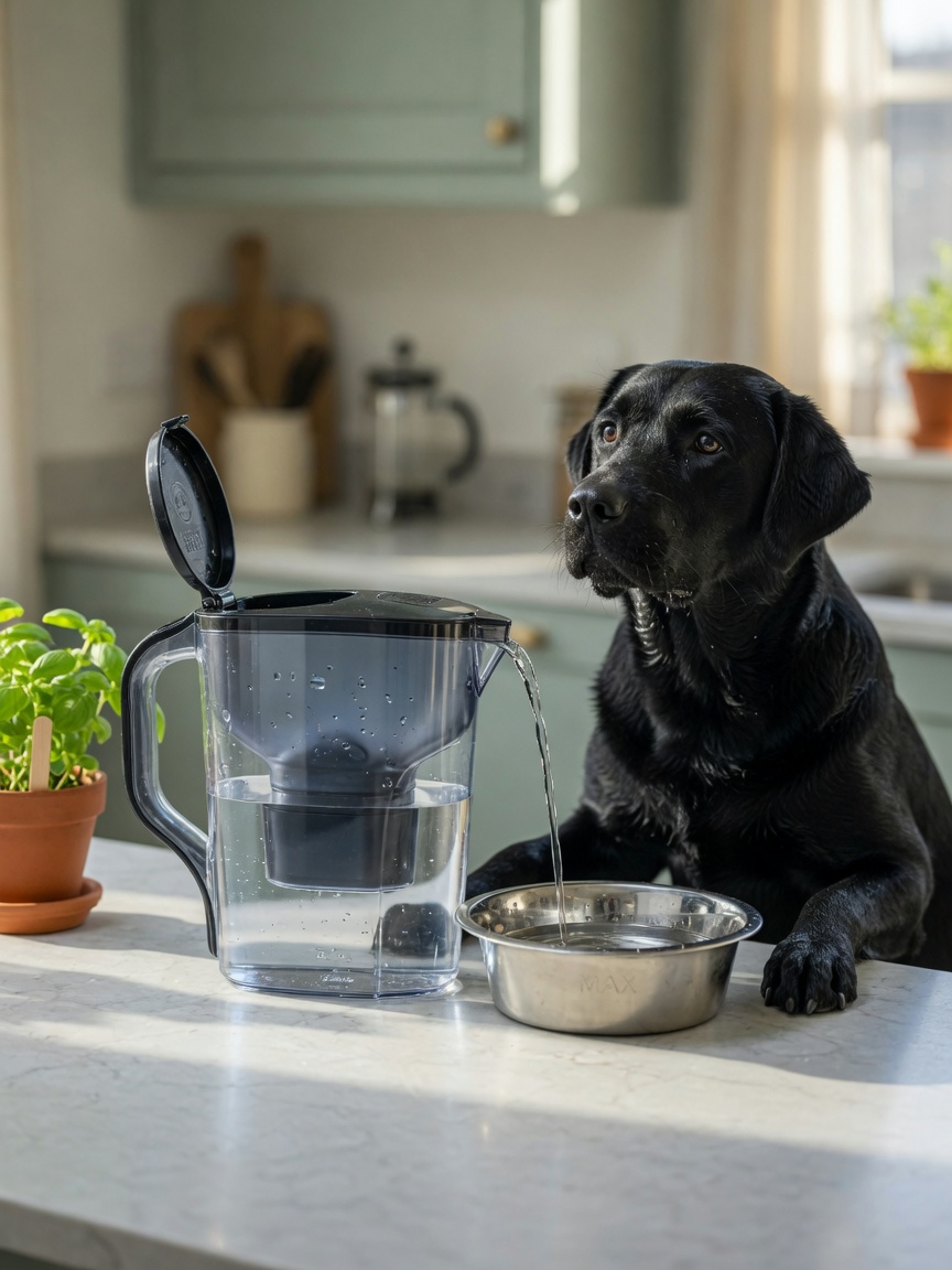 Water filtration jug beside dog water bowl with Labrador Retriever