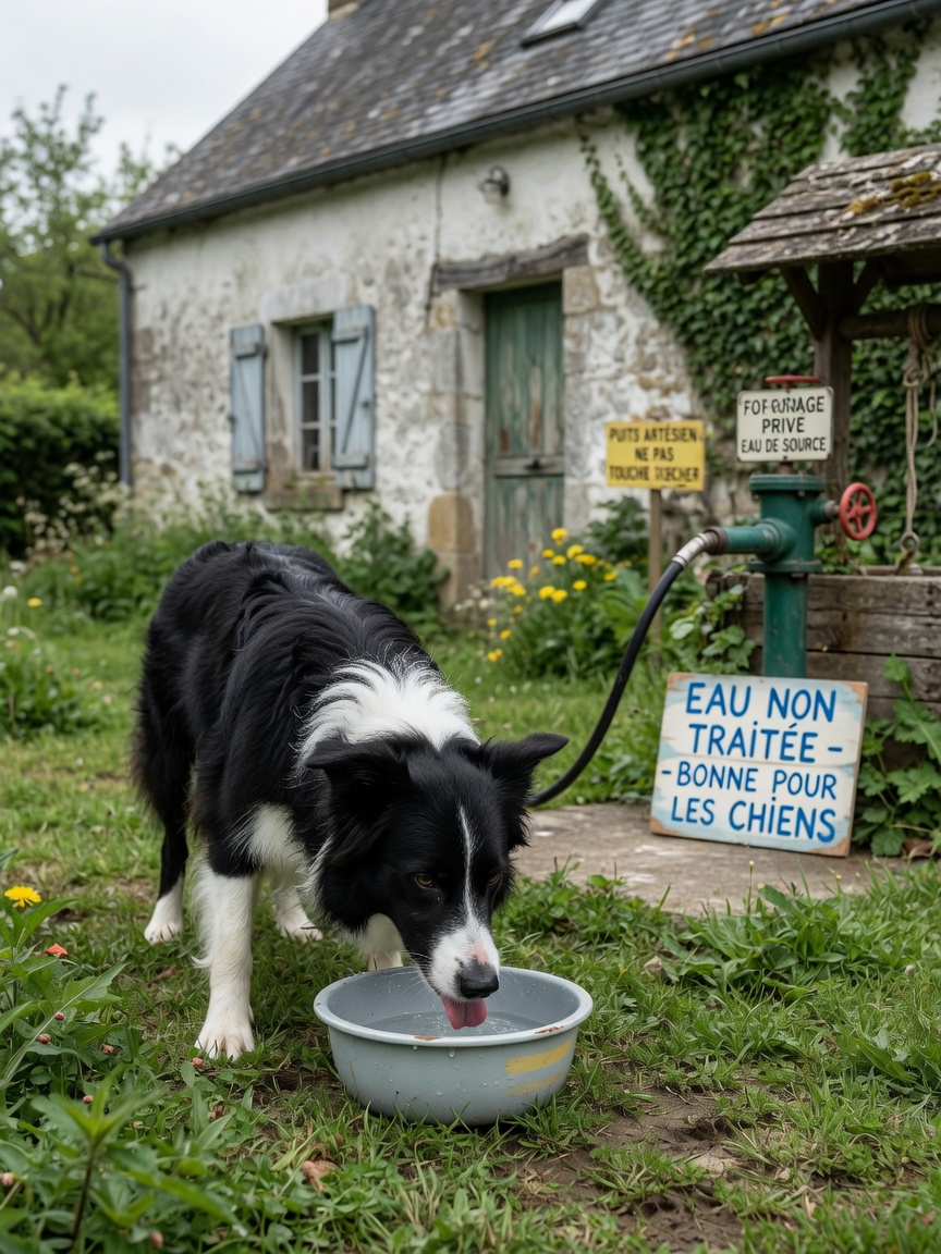 Dog drinking from bowl near rural well water property