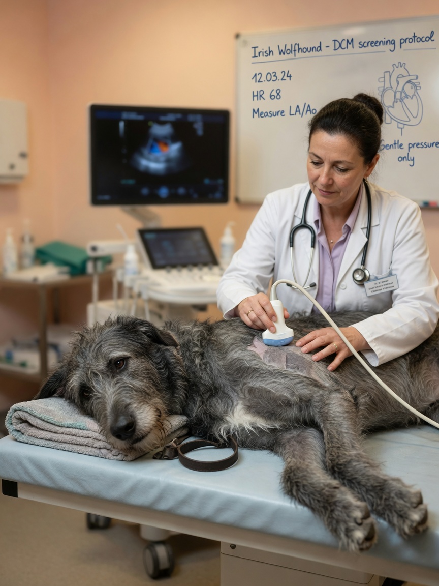 A veterinarian performing a cardiac ultrasound on an Irish Wolfhound lying on an examination table, demonstrating breed-specific health screening.