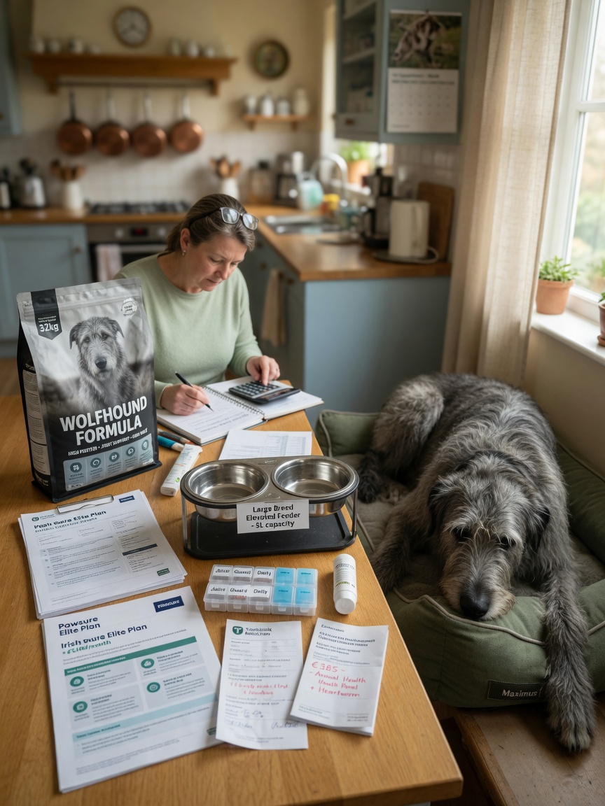 An owner reviewing Irish Wolfhound care costs at a kitchen table with premium dog food, pet insurance documents, and sturdy feeding bowls, with the large grey dog resting peacefully nearby.