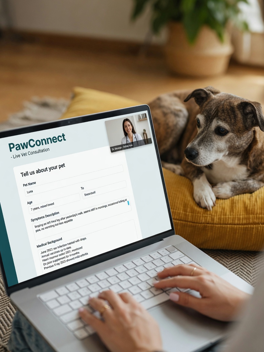 Pet owner filling out online form on tablet to schedule virtual veterinary consultation