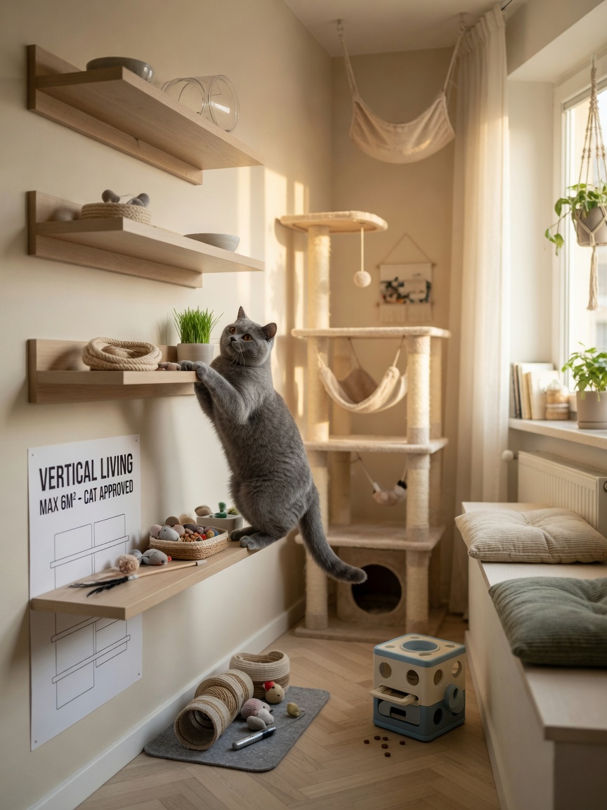 A gray British Shorthair cat climbing wall-mounted shelves in a small apartment with enrichment toys and window perches