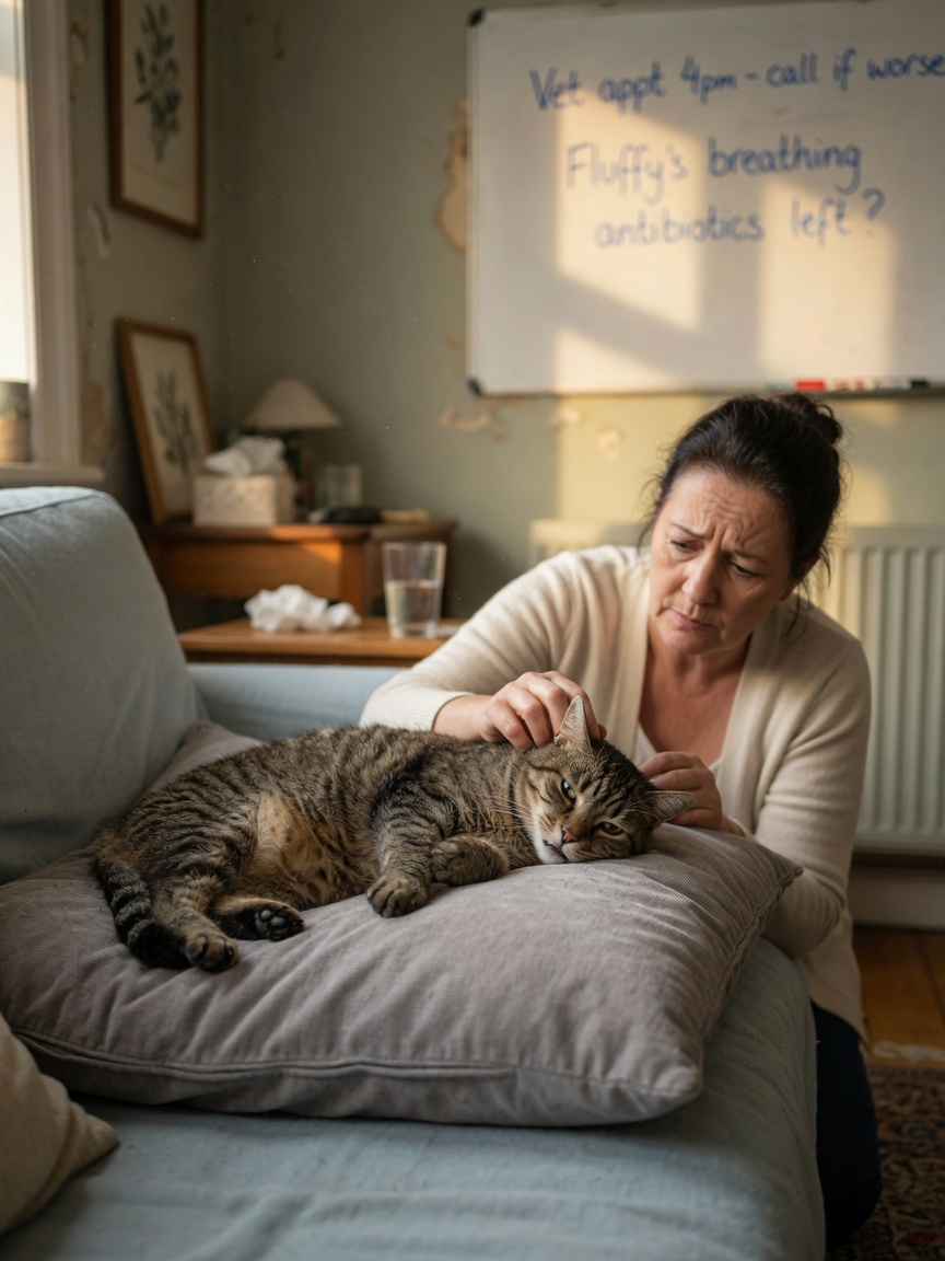 Lethargic tabby cat resting on cushion showing signs of illness with concerned owner nearby