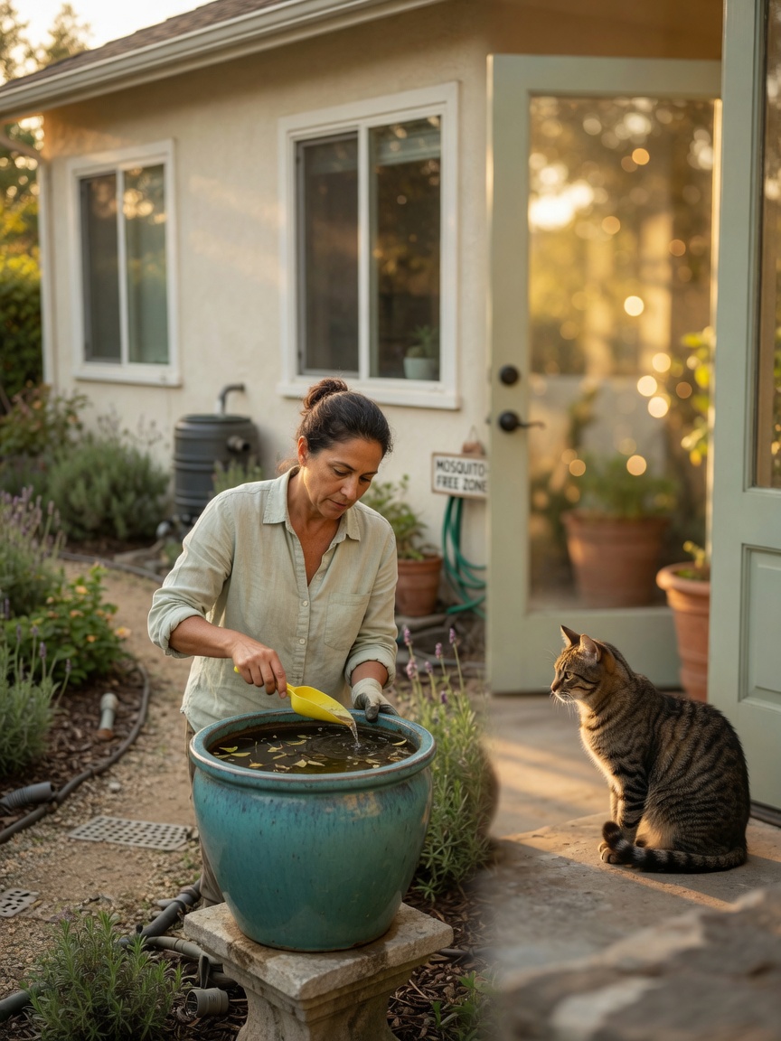 Homeowner eliminating standing water for mosquito control while tabby cat watches from indoors