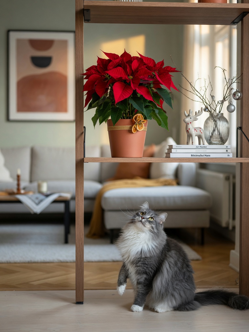 Poinsettia safely positioned on high shelf away from cat below