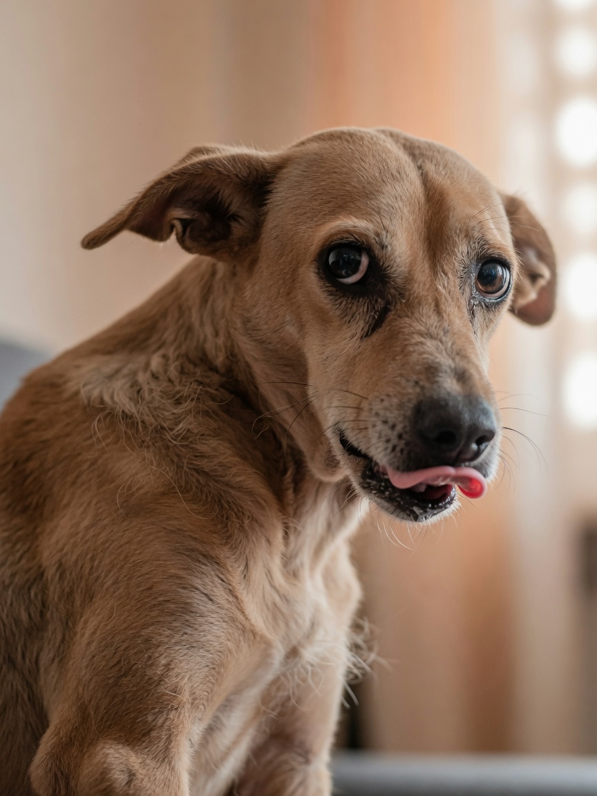 Close-up da face de um cão stressado mostrando pupilas dilatadas, expressão tensa e pelagem opaca com sinais visíveis de stress