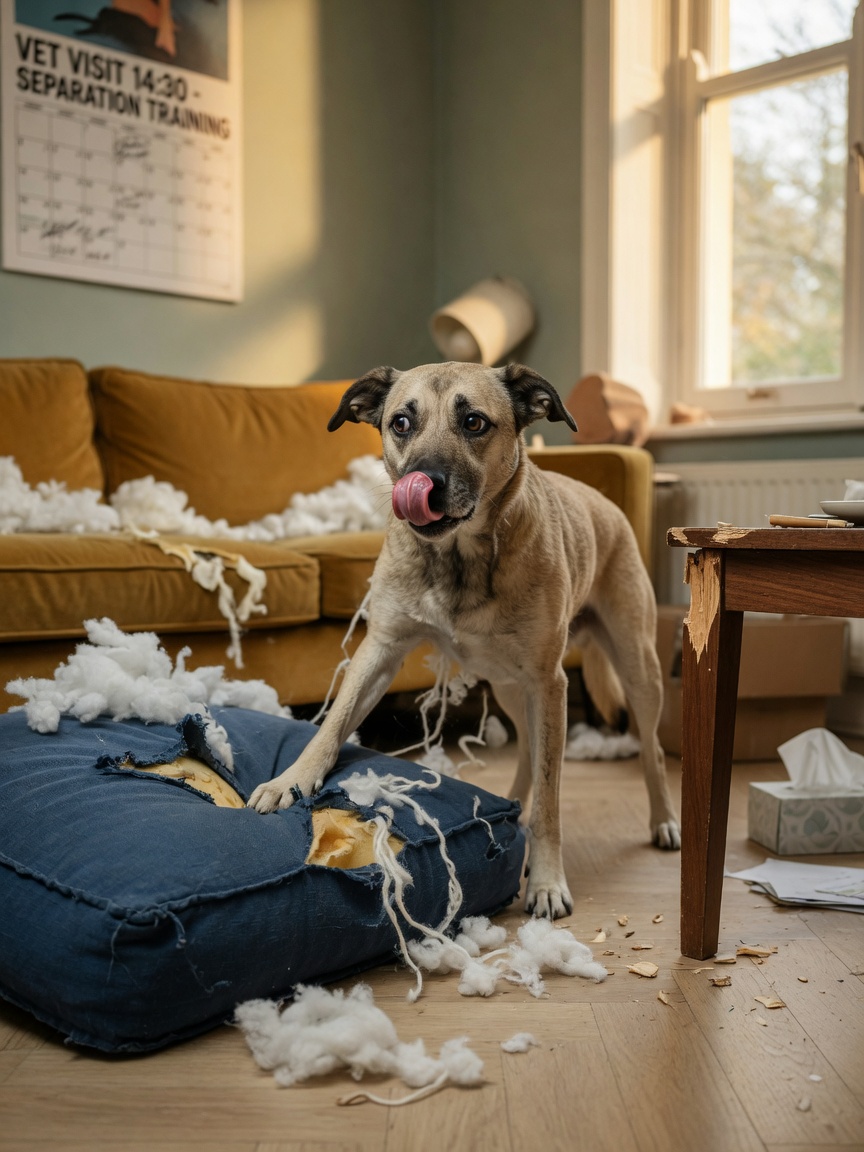 Um cão ansioso perto de um sofá rasgado com enchimento espalhado, exibindo comportamento destrutivo de stress num interior doméstico