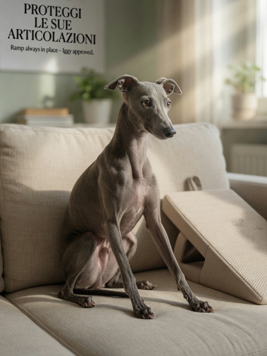 Italian Greyhound on sofa with ramp for safe furniture access