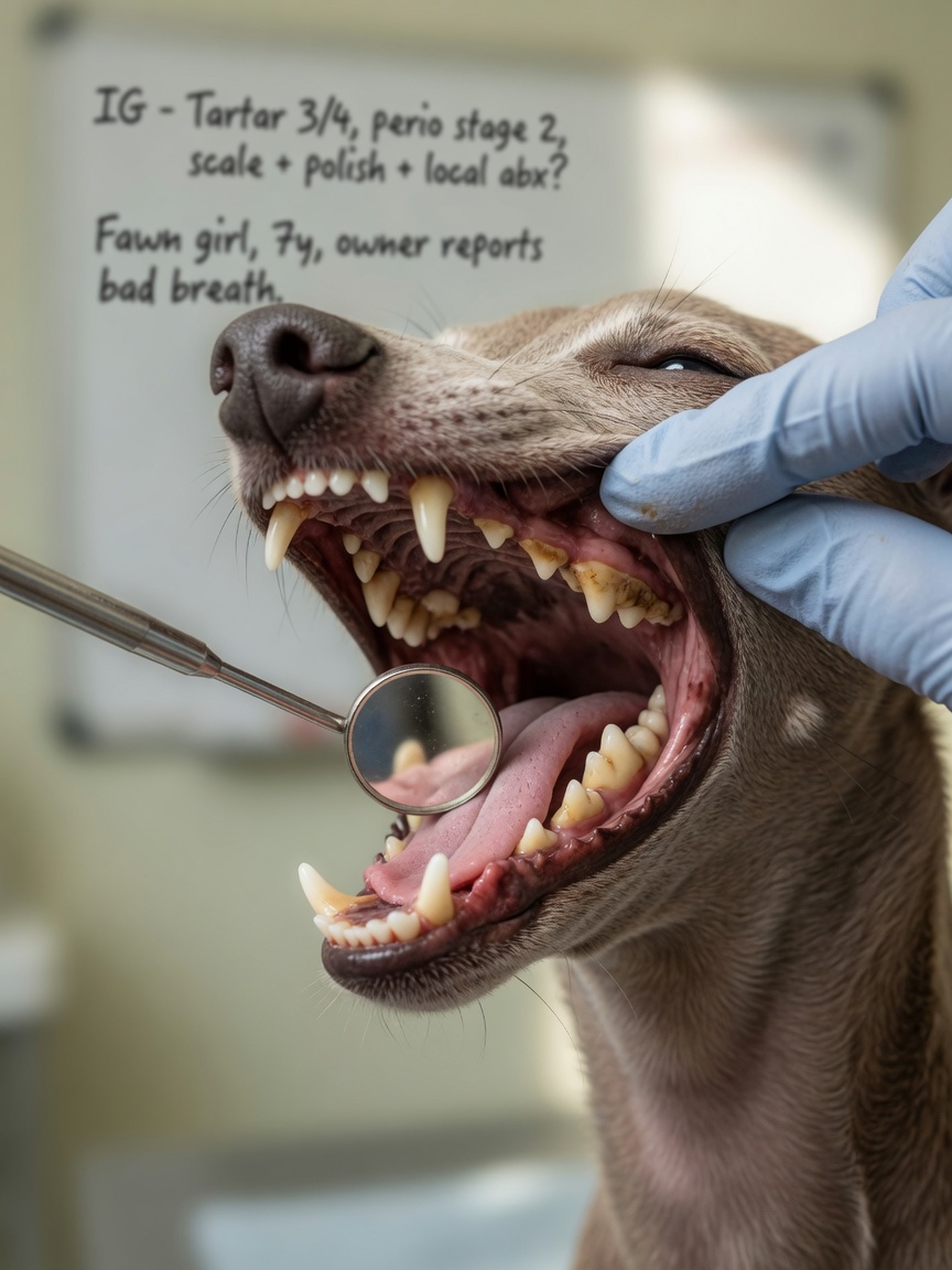 Italian Greyhound dental examination showing periodontal disease and tartar buildup