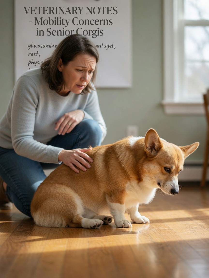 Corgi mostrando postura encorvada y falta de disposición a moverse, signos del dolor de IVDD