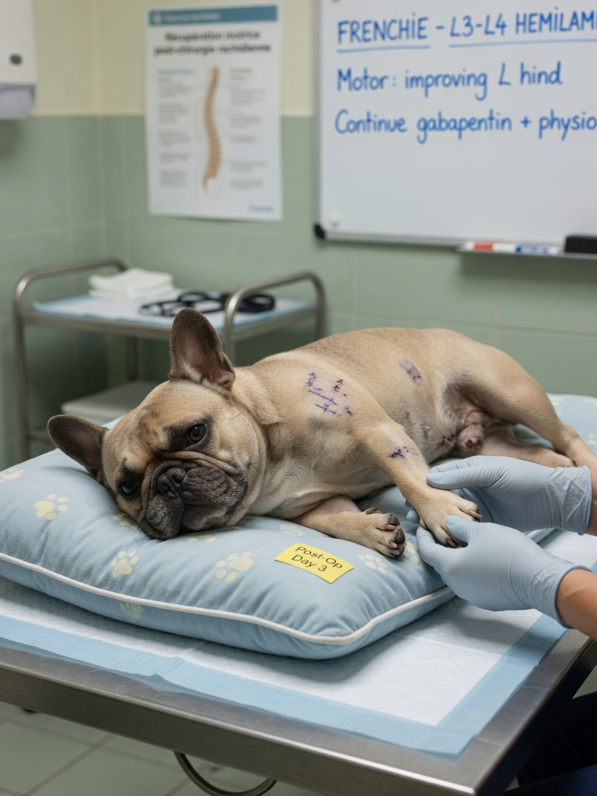 Veterinario evaluando la recuperación postoperatoria y la función motora en un Bulldog Francés después del tratamiento de IVDD