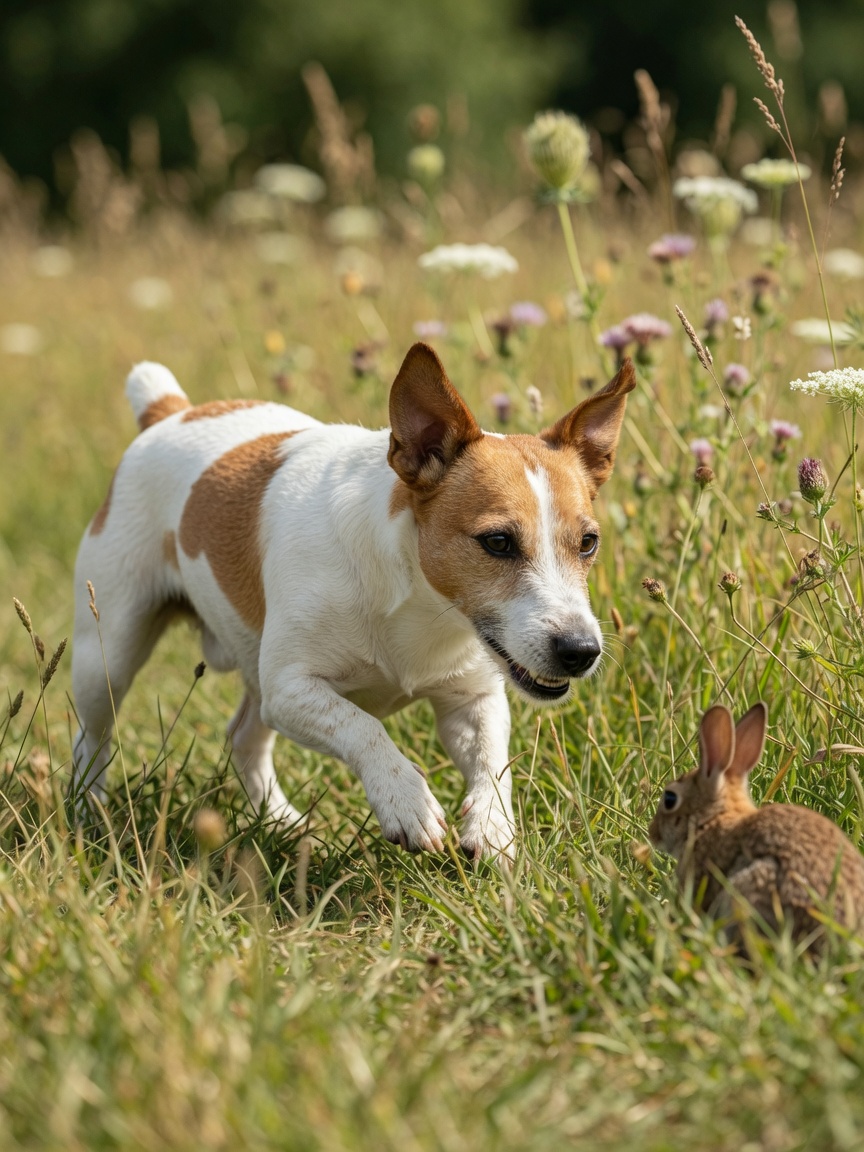 Jack Russell Terrier in intense prey-drive hunting posture focused on wildlife in tall grass, demonstrating the breed's strong instinctive chase drive.
