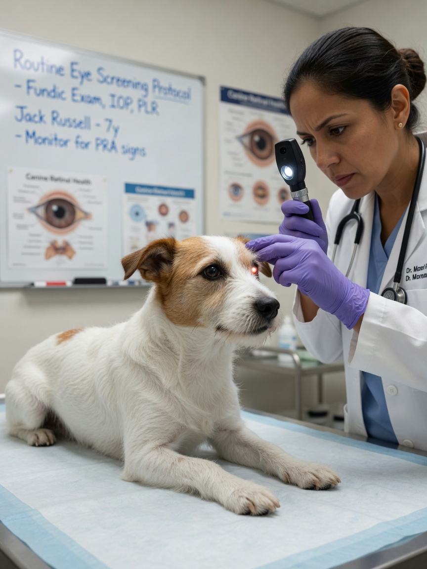 Jack Russell Terrier undergoing professional veterinary eye examination by a veterinarian using an ophthalmoscope in a clinical setting, screening for lens luxation and other eye conditions.