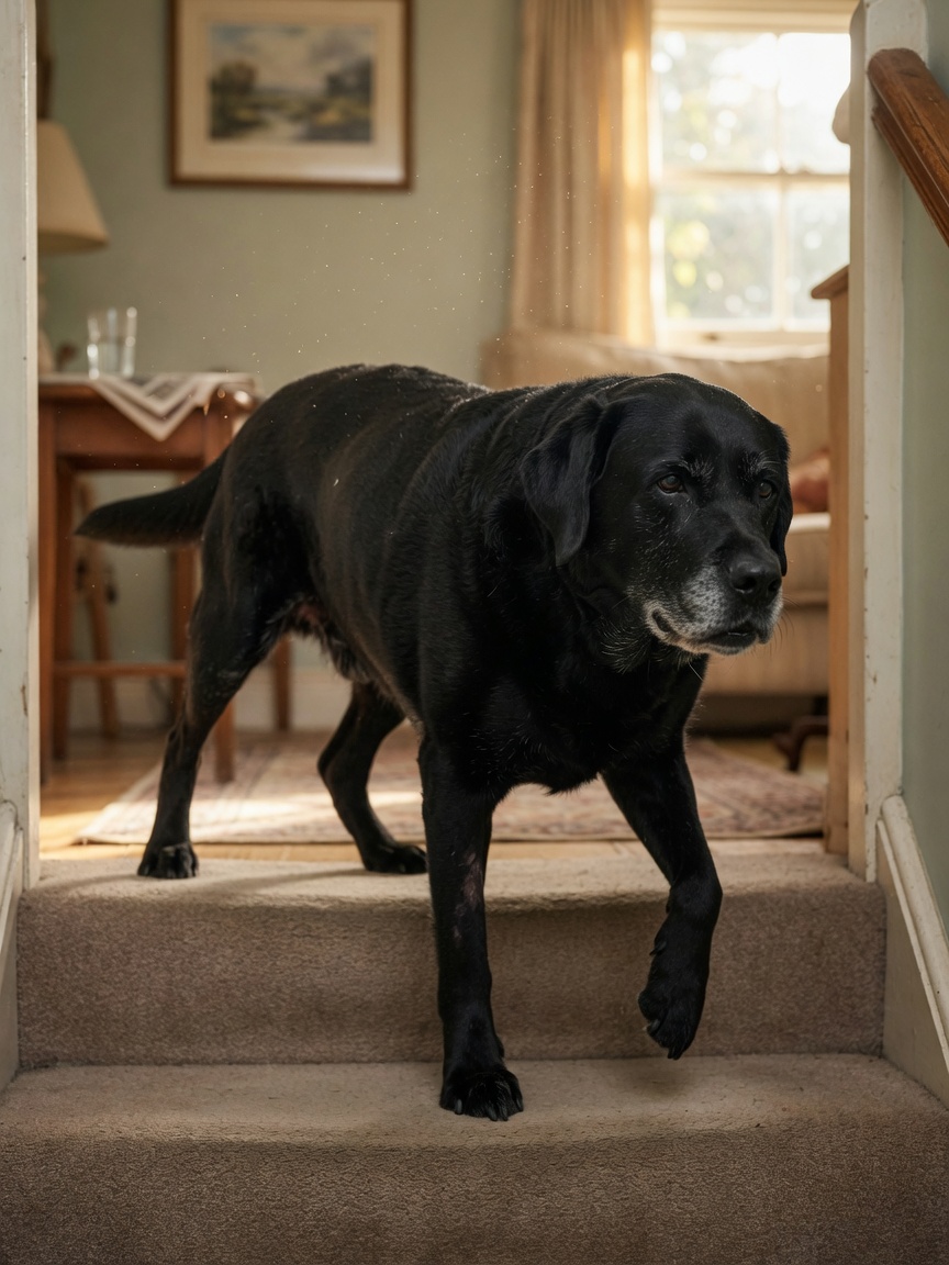 Elderly dog with difficulty climbing stairs, demonstrating osteoarthritis mobility challenges