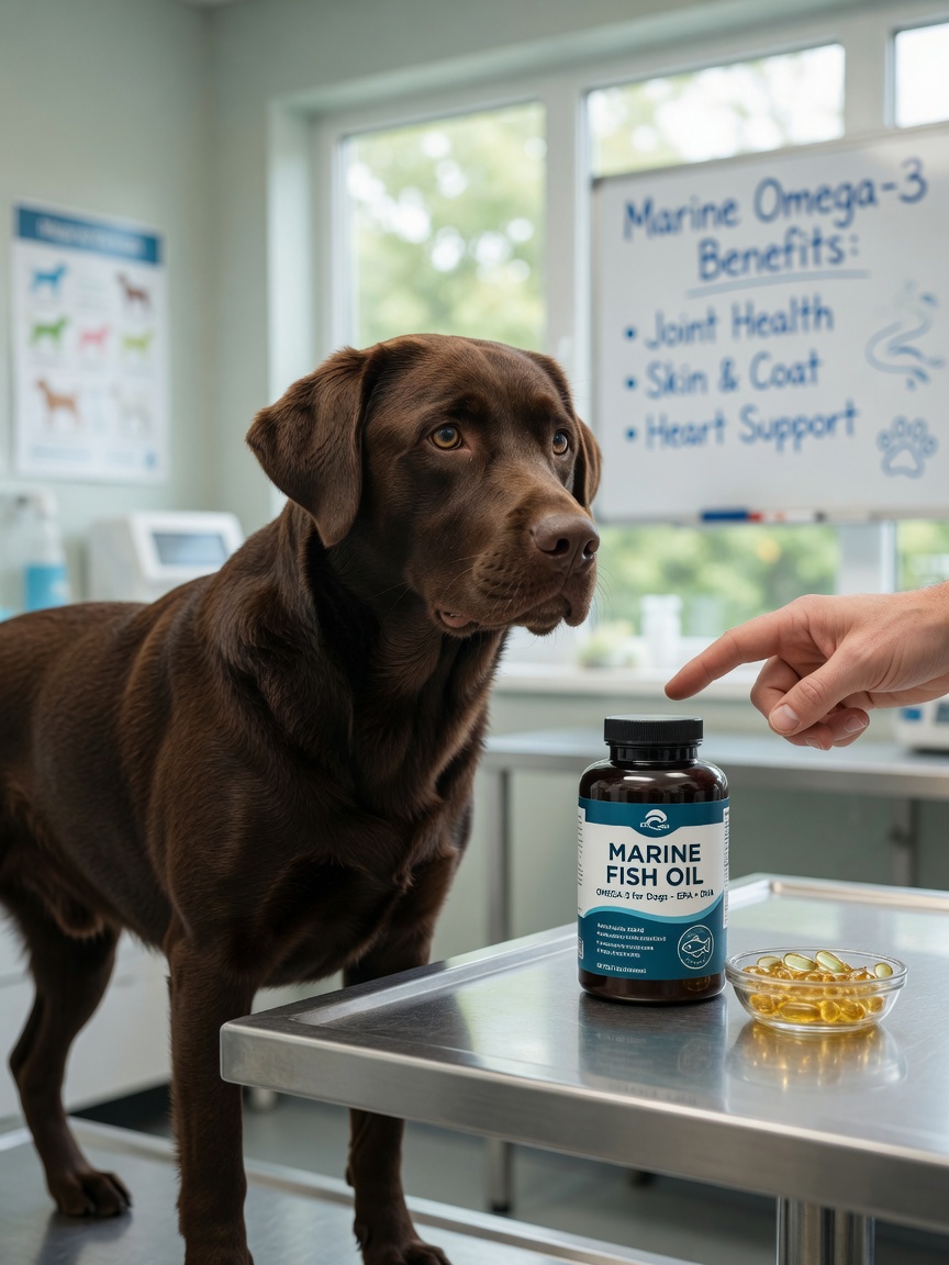 Veterinarian demonstrating fish oil omega-3 supplements for canine joint health