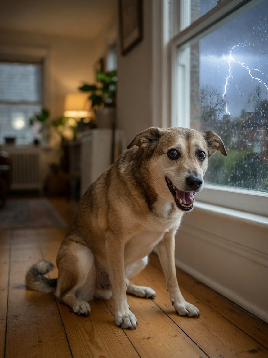 Dog showing visible signs of fireworks fear with trembling, tucked tail, and anxious expression