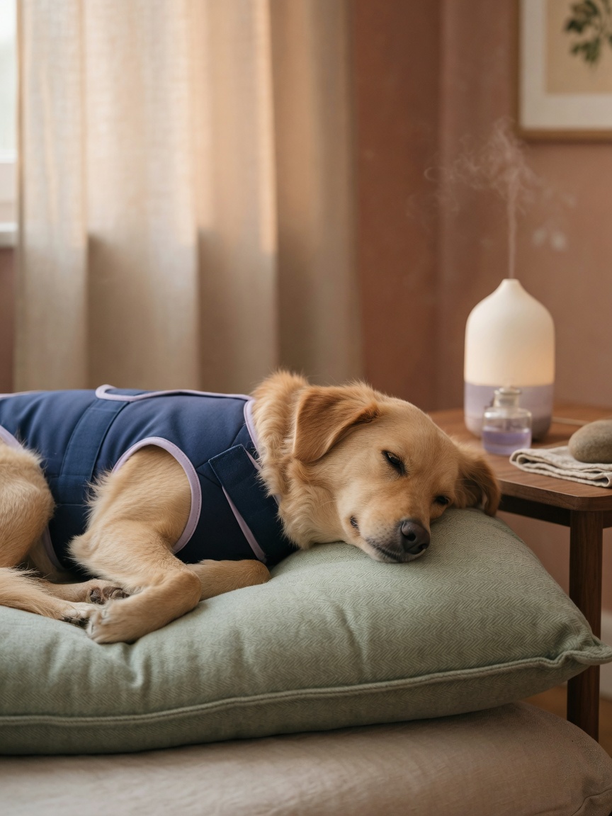 Relaxed dog wearing Thundershirt with pheromone diffuser nearby in calm safe space