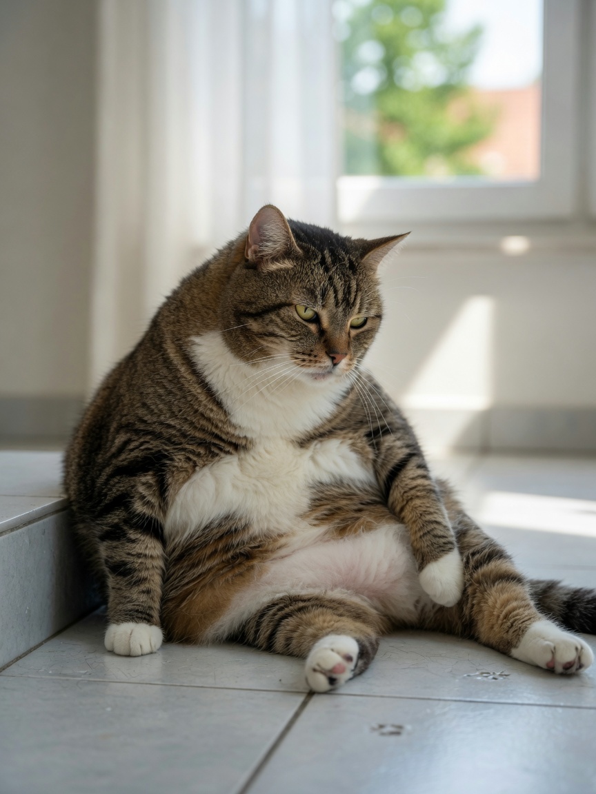 An overweight tabby cat resting on cool tiles in a shaded area, showing signs of heat discomfort