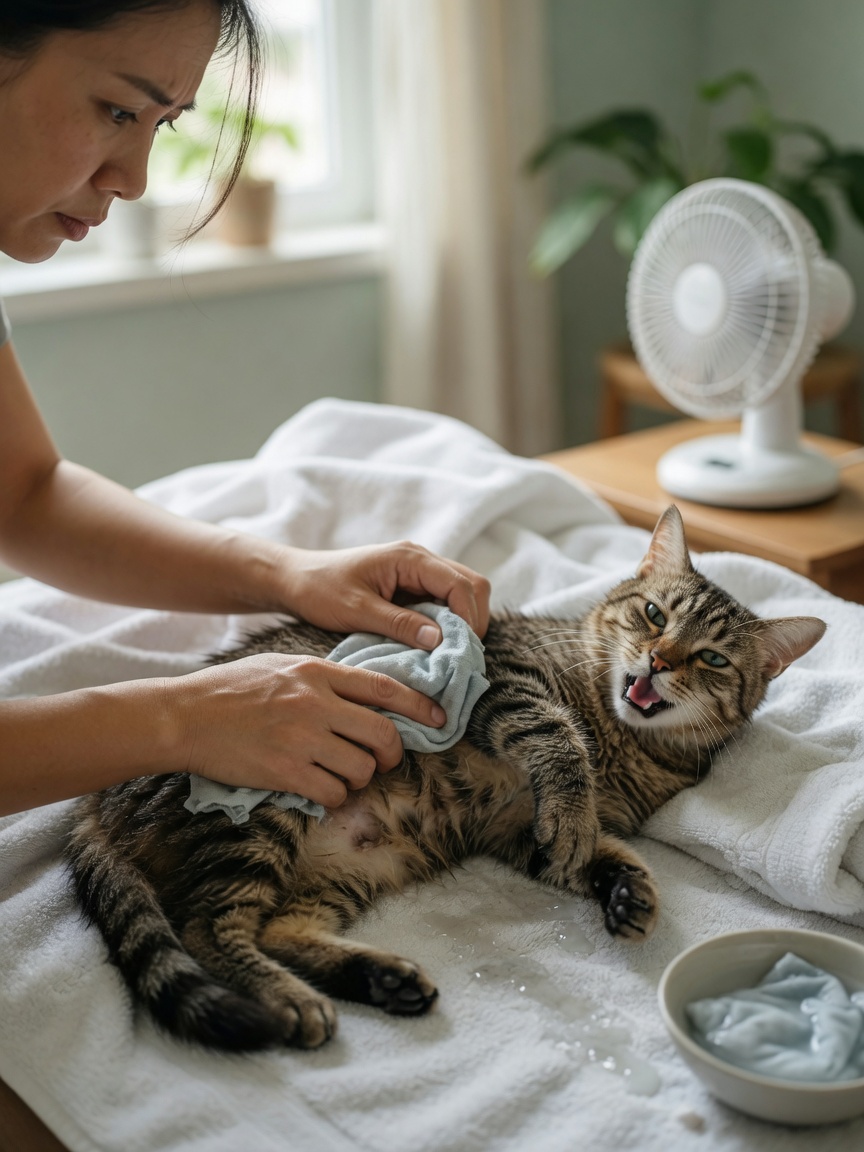 Owner applying cool damp cloth to an overheated cat's paws during heatstroke first aid treatment