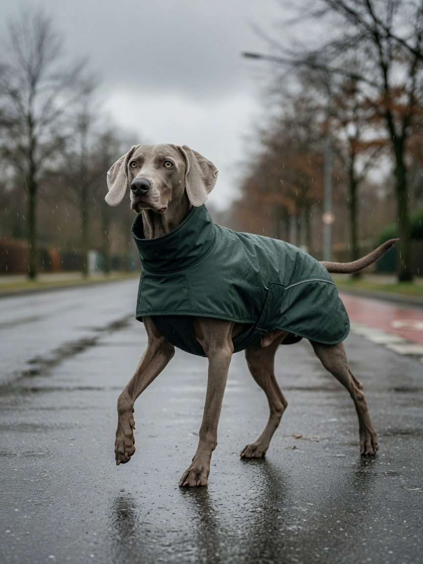 A Weimaraner wearing a properly fitted waterproof winter coat walking on a wet winter street, demonstrating appropriate cold-weather gear