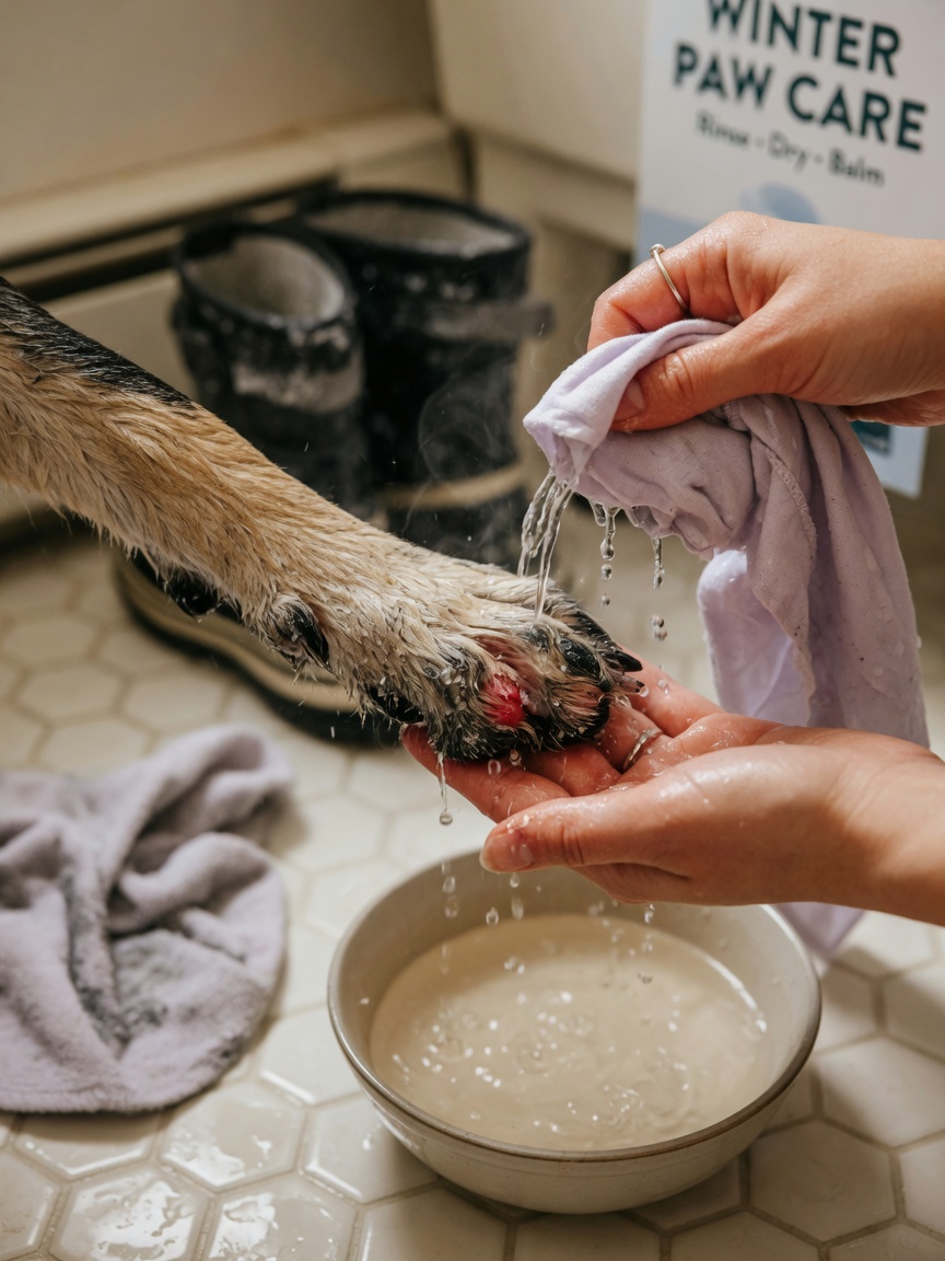 A dog's paw being rinsed with warm water to remove winter road salt and grit, showing redness between the toes from irritation