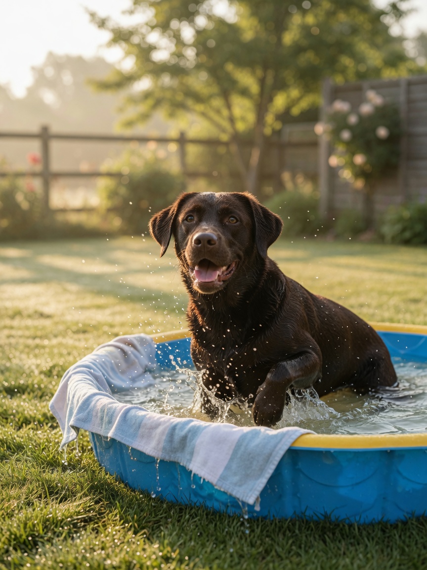Dog enjoying a refreshing splash in a paddling pool during early morning summer hours