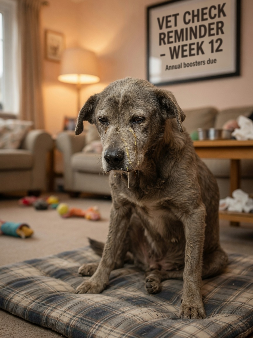 Dog displaying clinical signs of thyroid dysfunction including lethargy, dry coat, and excessive nasal discharge.