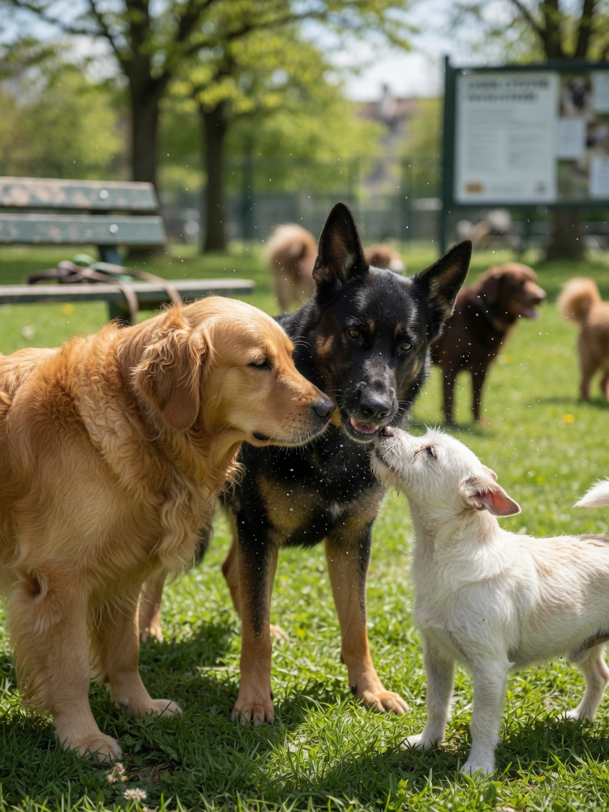 Multiple dogs greeting each other nose-to-nose in a dog park, demonstrating direct contact transmission route for kennel cough